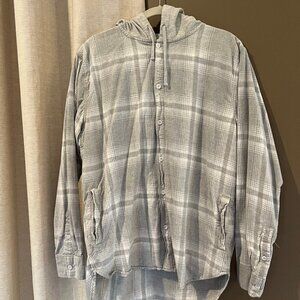 Pacsun Cream & Gray Plaid Flannel Draw-string Hoodie, pockets, Size Large